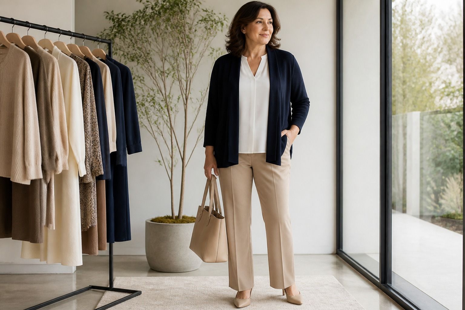 Apple body shape style guide with relaxed layered outfit