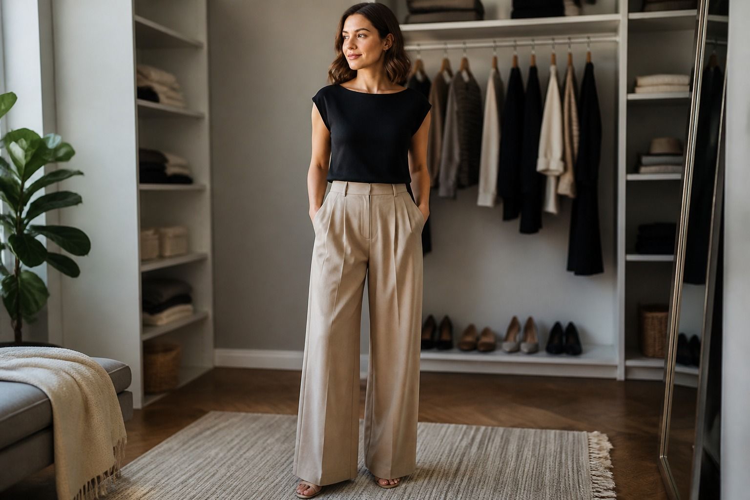 Inverted triangle body shape guide with wide-leg trousers