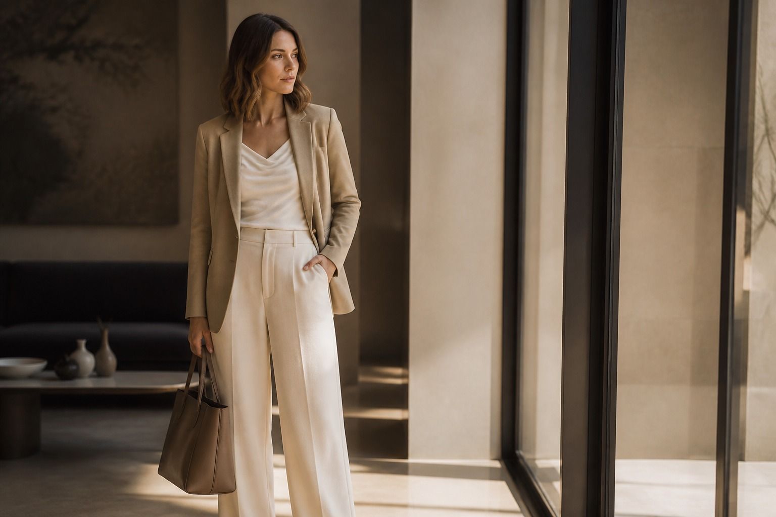 Rectangle body shape style guide with layered tailored outfit