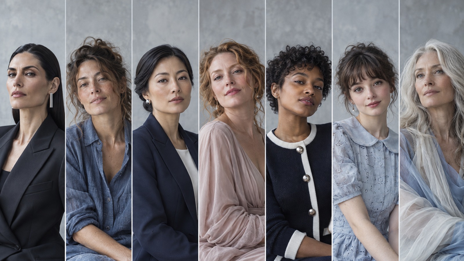 Seven portraits with distinct tailoring, fabric textures, and accessories illustrating the Kitchener style essences