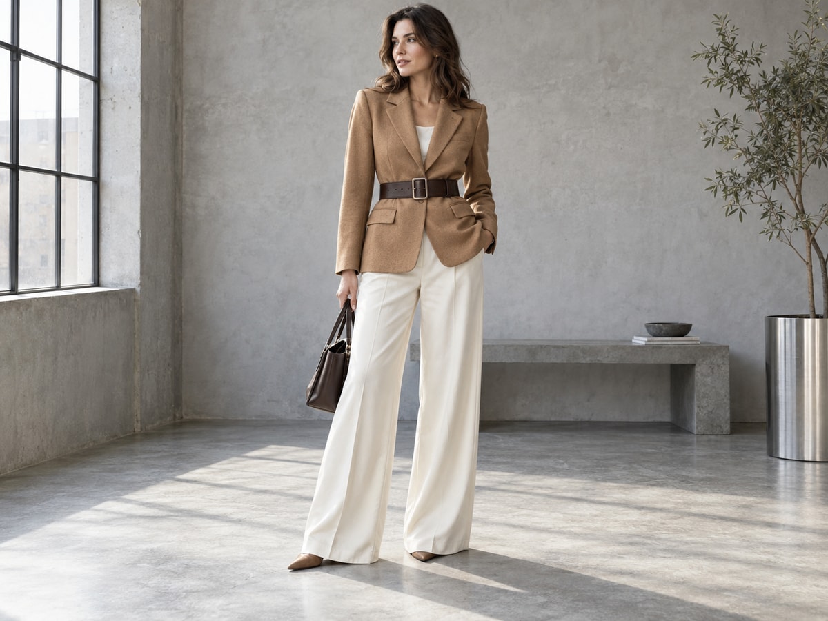 Woman in a camel blazer cinched with a dark belt and ivory wide-leg trousers